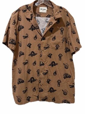 Pyknic XL Brain Fried Tan Brown Button Down Short Sleeve Cotton Shirt B12